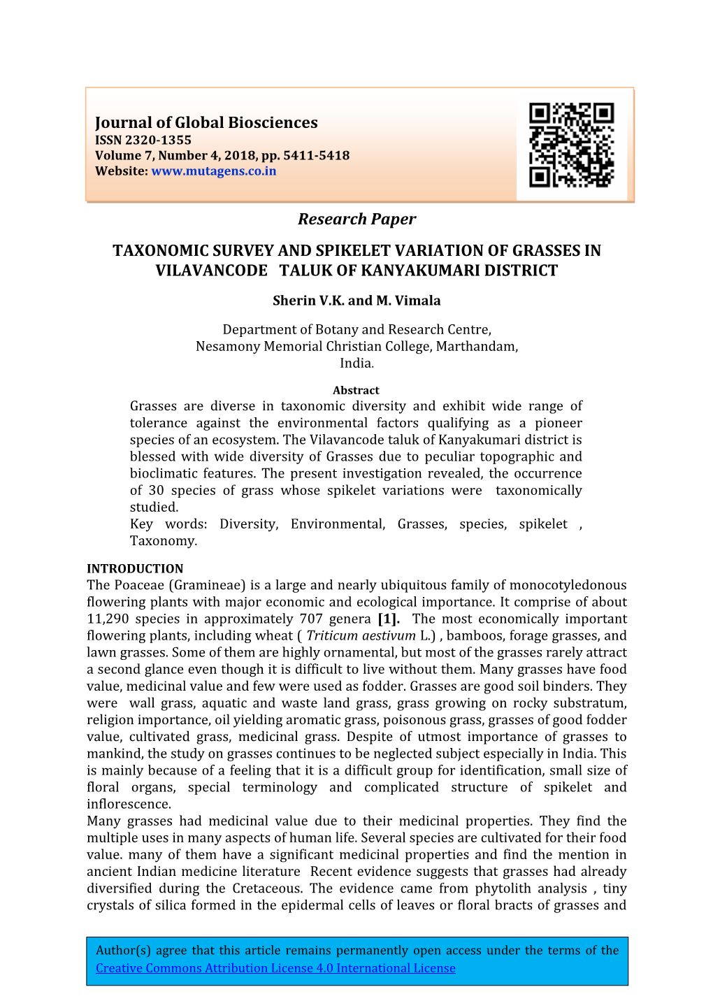 Research Paper TAXONOMIC SURVEY and SPIKELET VARIATION of GRASSES in VILAVANCODE TALUK of KANYAKUMARI DISTRICT