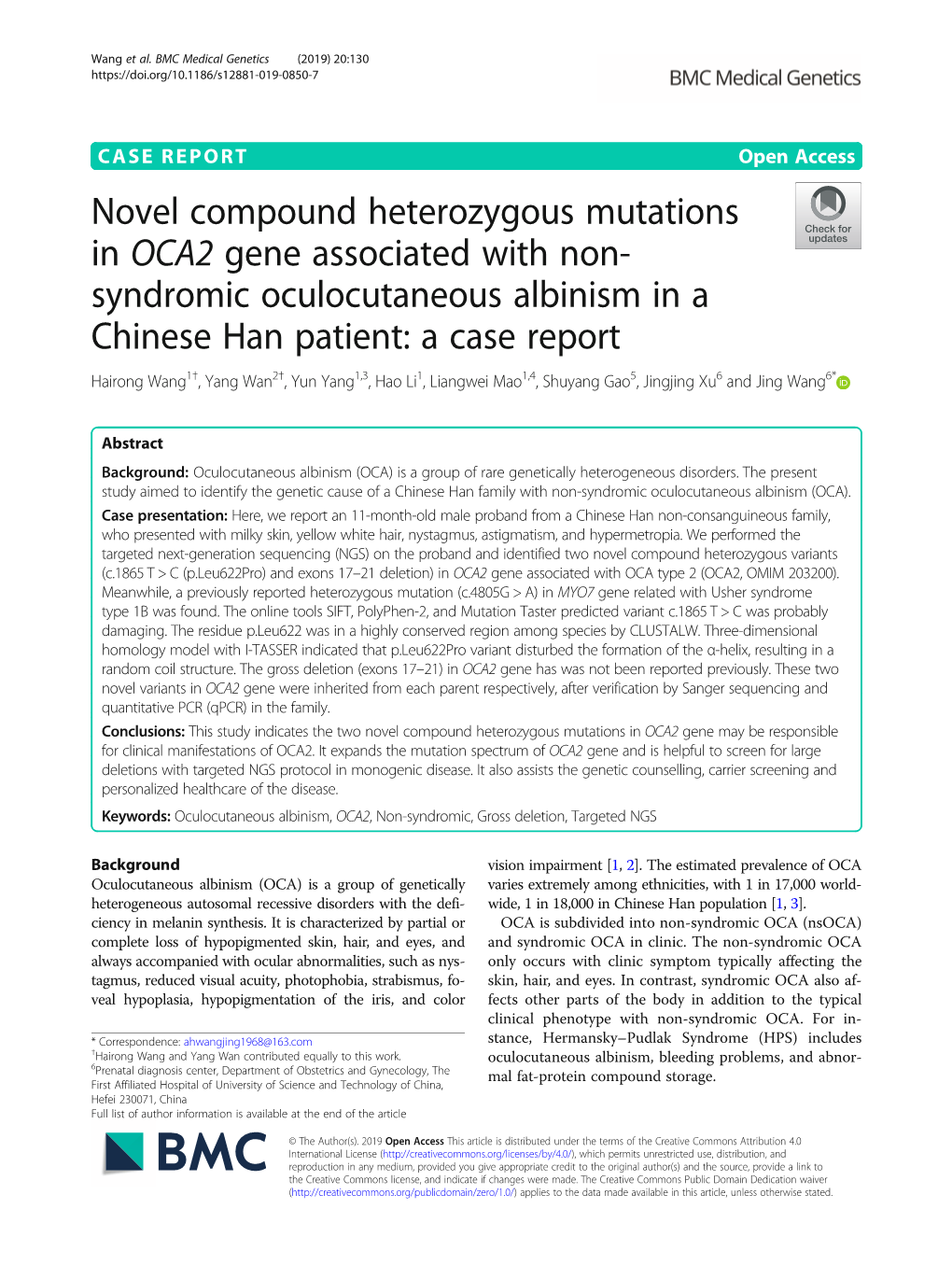 Novel Compound Heterozygous Mutations in OCA2 Gene Associated