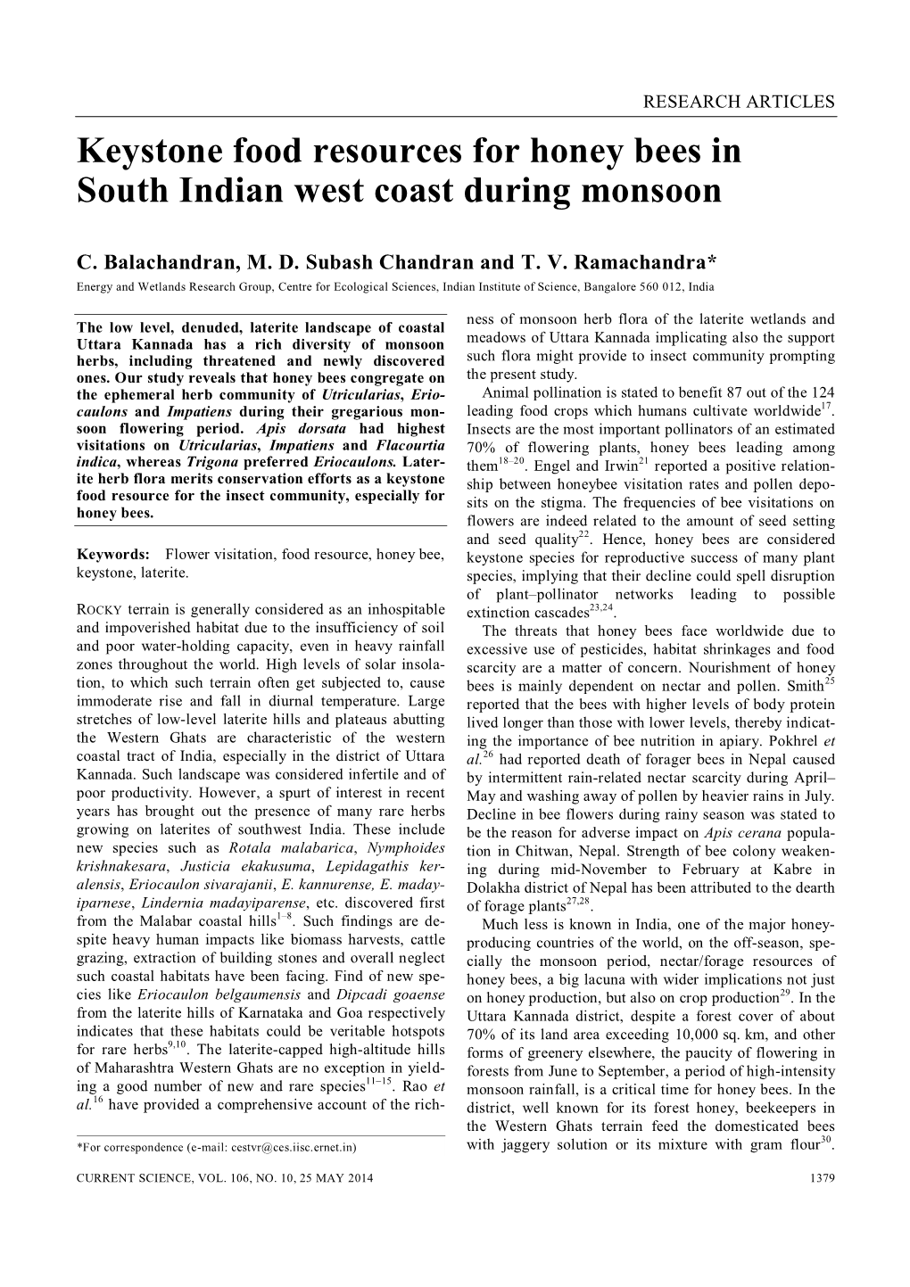 Keystone Food Resources for Honey Bees in South Indian West Coast During Monsoon