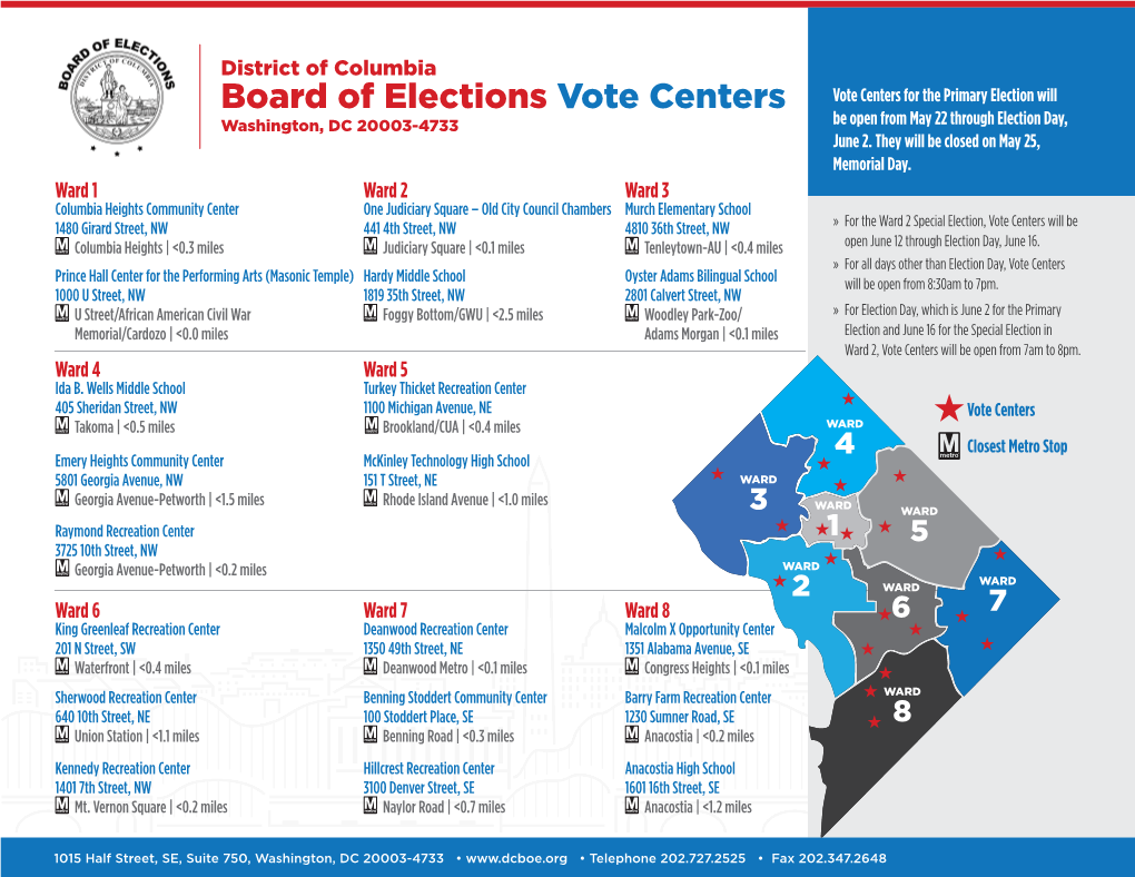 Board of Elections Vote Centers Vote Centers for the Primary Election Will Washington, DC 20003-4733 Be Open from May 22 Through Election Day, June 2