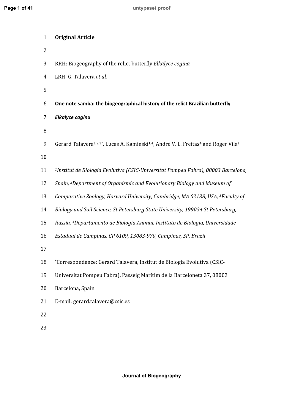 Original Article 1 2 RRH: Biogeography of the Relict Butterfly Elkalyce Cogina 3 LRH: G. Talavera Et Al. 4 5 One Note Samba