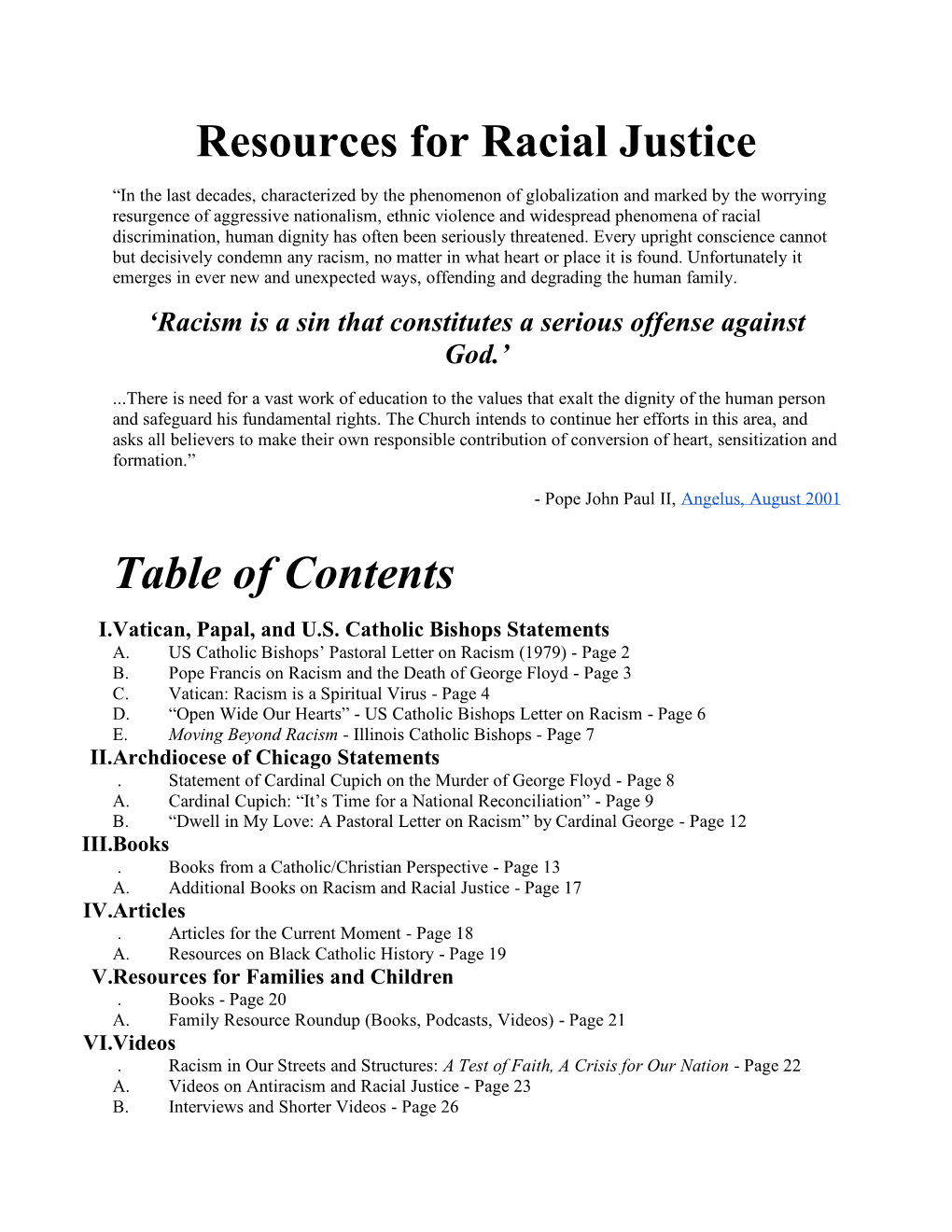 Resources for Racial Justice Table of Contents