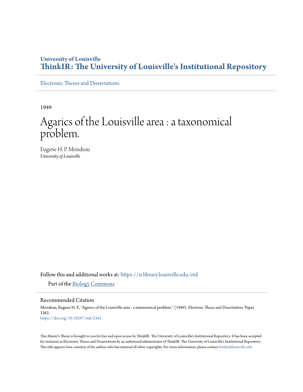 Agarics of the Louisville Area : a Taxonomical Problem. Eugene H