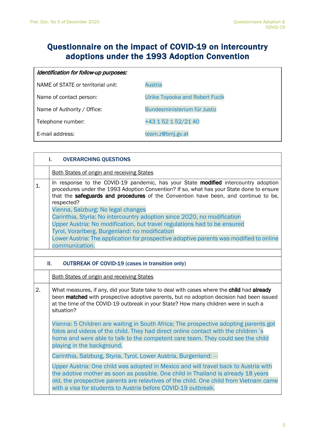 Questionnaire on the Impact of COVID-19 on Intercountry Adoptions Under the 1993 Adoption Convention