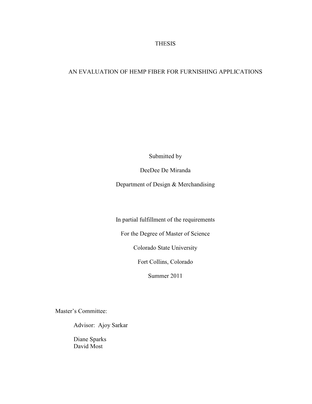 Thesis an Evaluation of Hemp Fiber for Furnishing