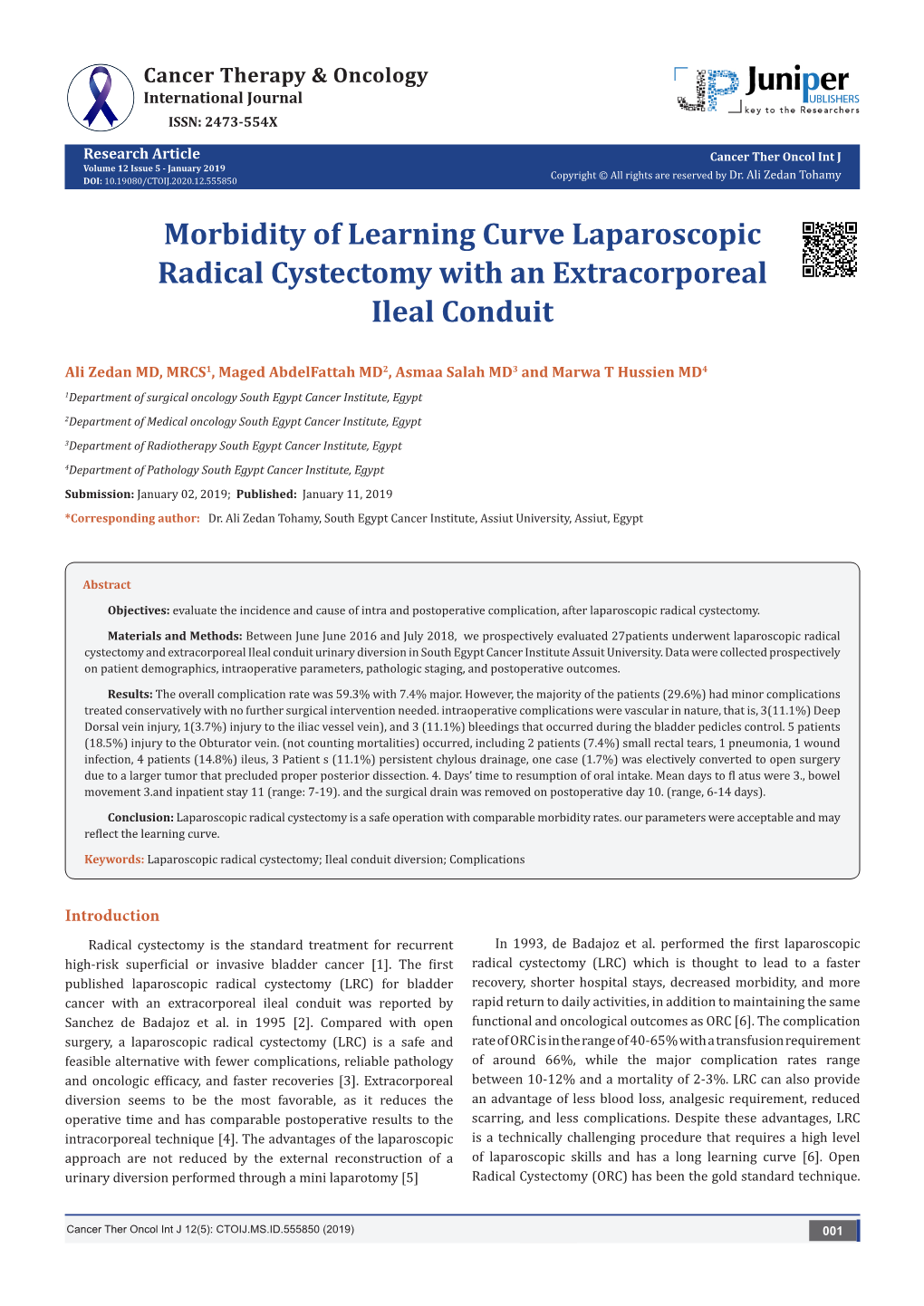 Morbidity of Learning Curve Laparoscopic Radical Cystectomy with an Extracorporeal Ileal Conduit