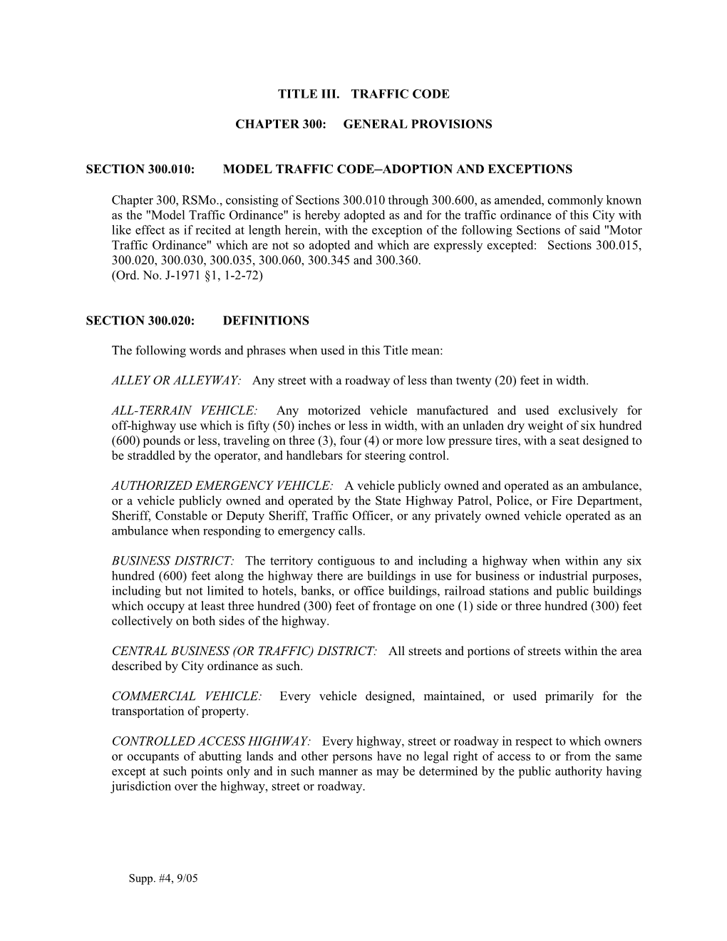 Title Iii. Traffic Code Chapter