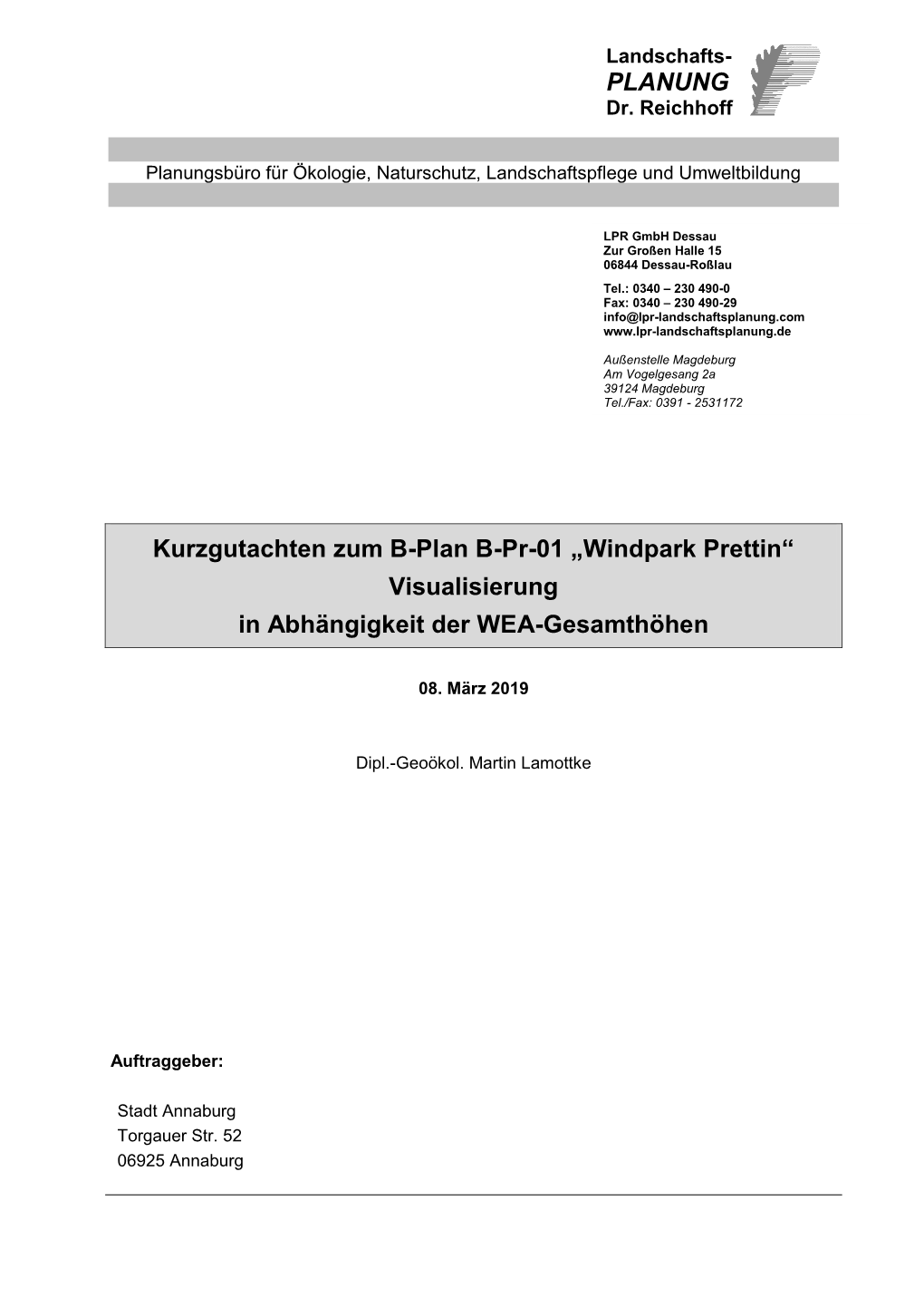 Windpark Prettin“ Visualisierung in Abhängigkeit Der WEA-Gesamthöhen