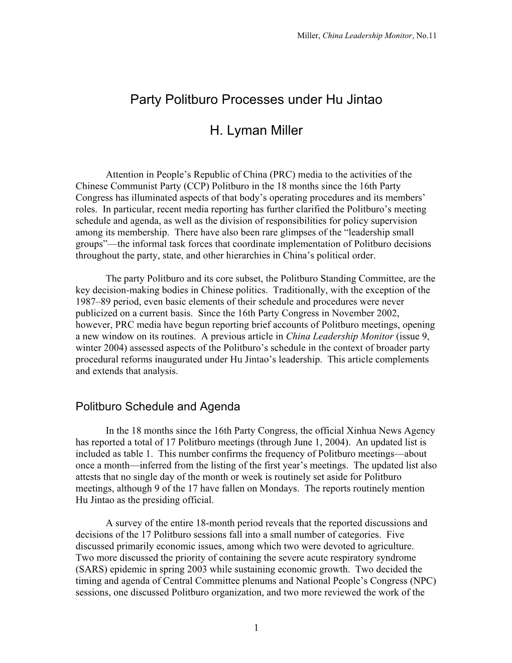 Party Politburo Processes Under Hu Jintao