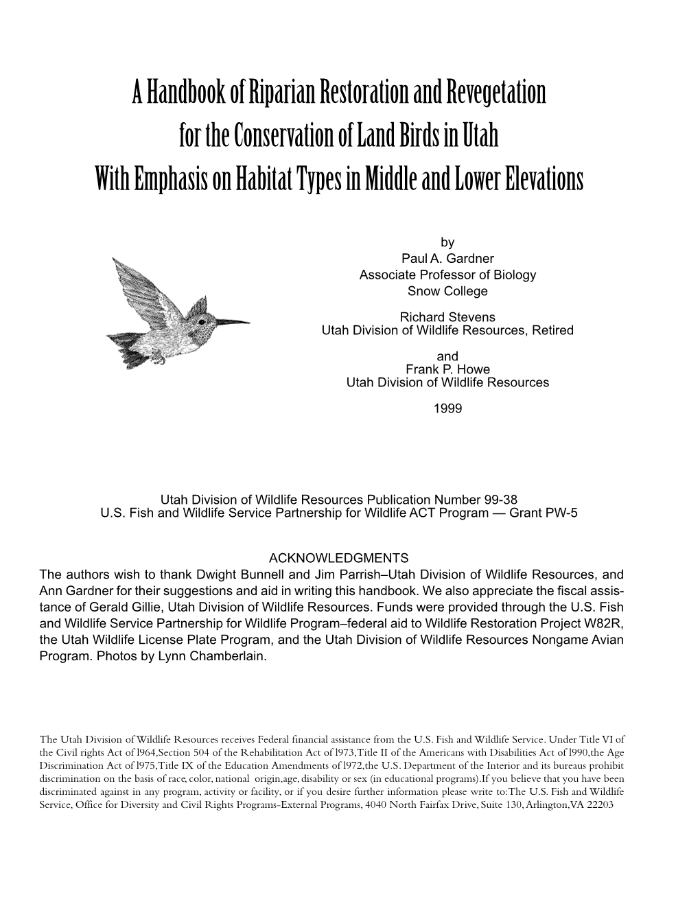 A Handbook of Riparian Restoration and Revegetation for the Conservation of Land Birds in Utah with Emphasis on Habitat Types in Middle and Lower Elevations