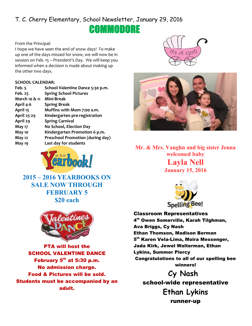 T. C. Cherry Elementary, School Newsletter, January 29, 2016