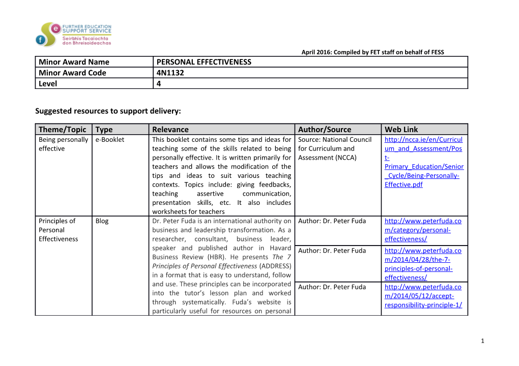 April 2016: Compiled by FET Staff on Behalf of FESS