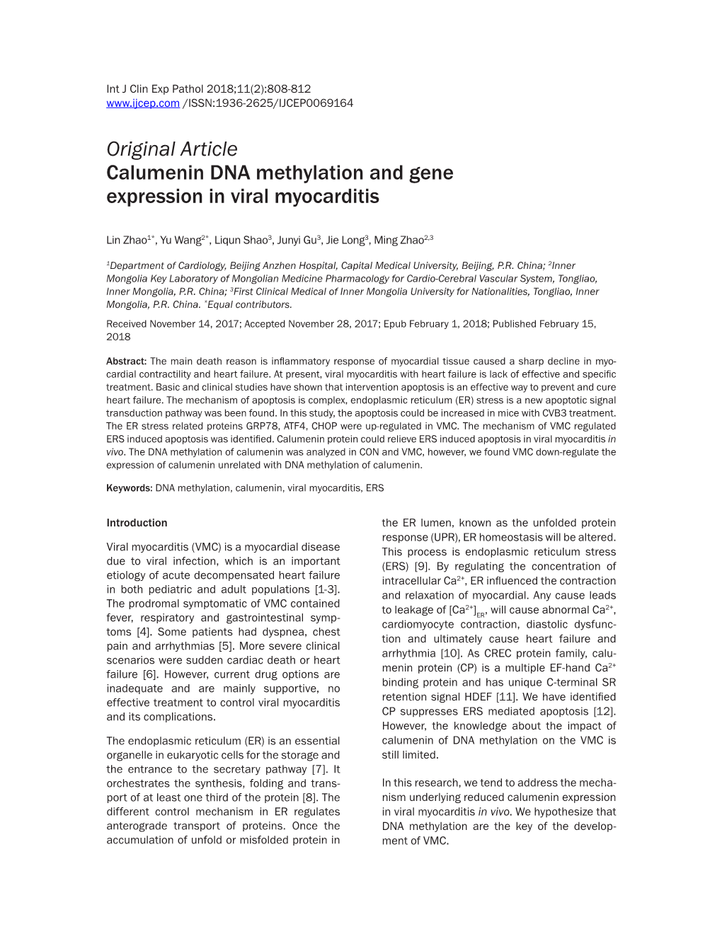 Original Article Calumenin DNA Methylation and Gene Expression in Viral Myocarditis