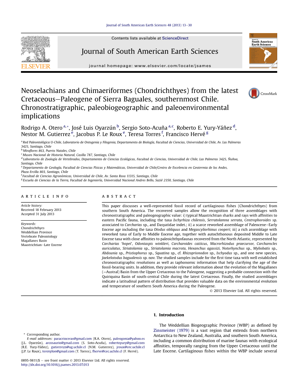 Neoselachians and Chimaeriformes (Chondrichthyes) from the Latest Cretaceousepaleogene of Sierra Baguales, Southernmost Chile