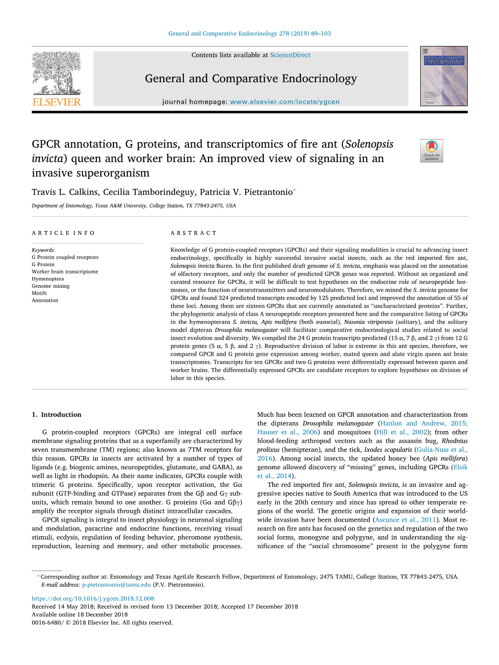 GPCR Annotation, G Proteins, and Transcriptomics of Fire Ant