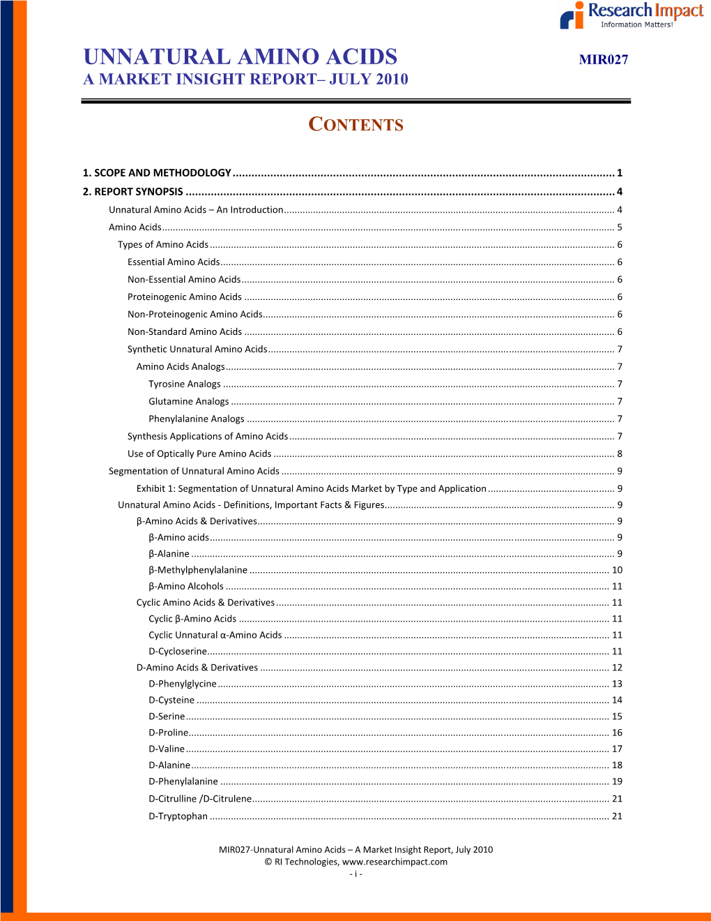 Unnatural Amino Acids Mir027 a Market Insight Report– July 2010