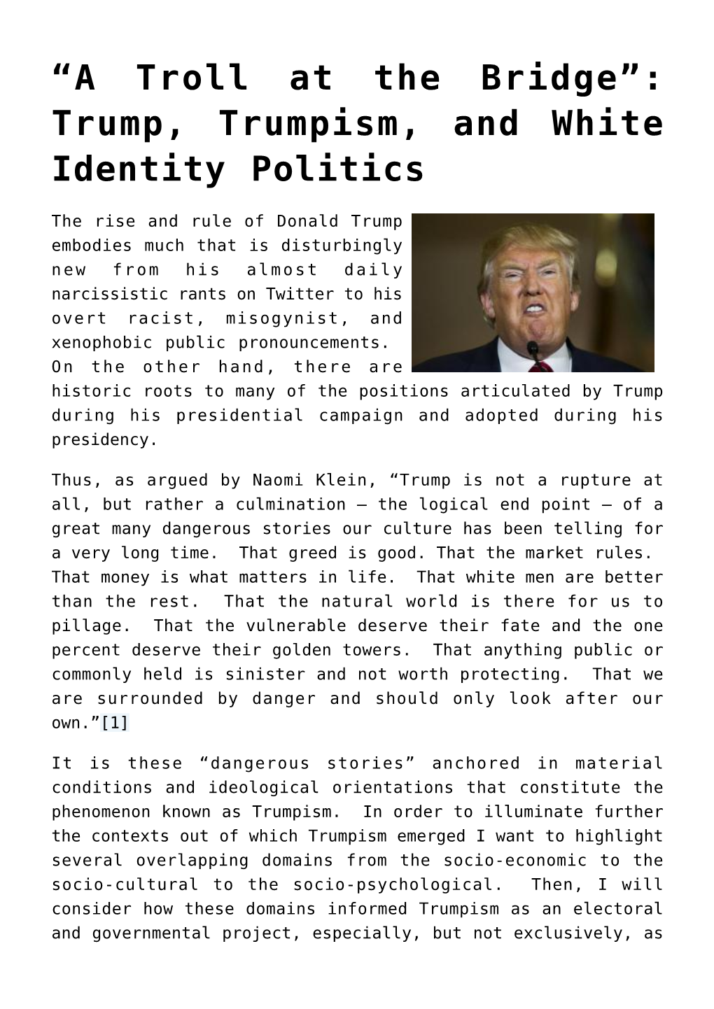 Trump, Trumpism, and White Identity Politics