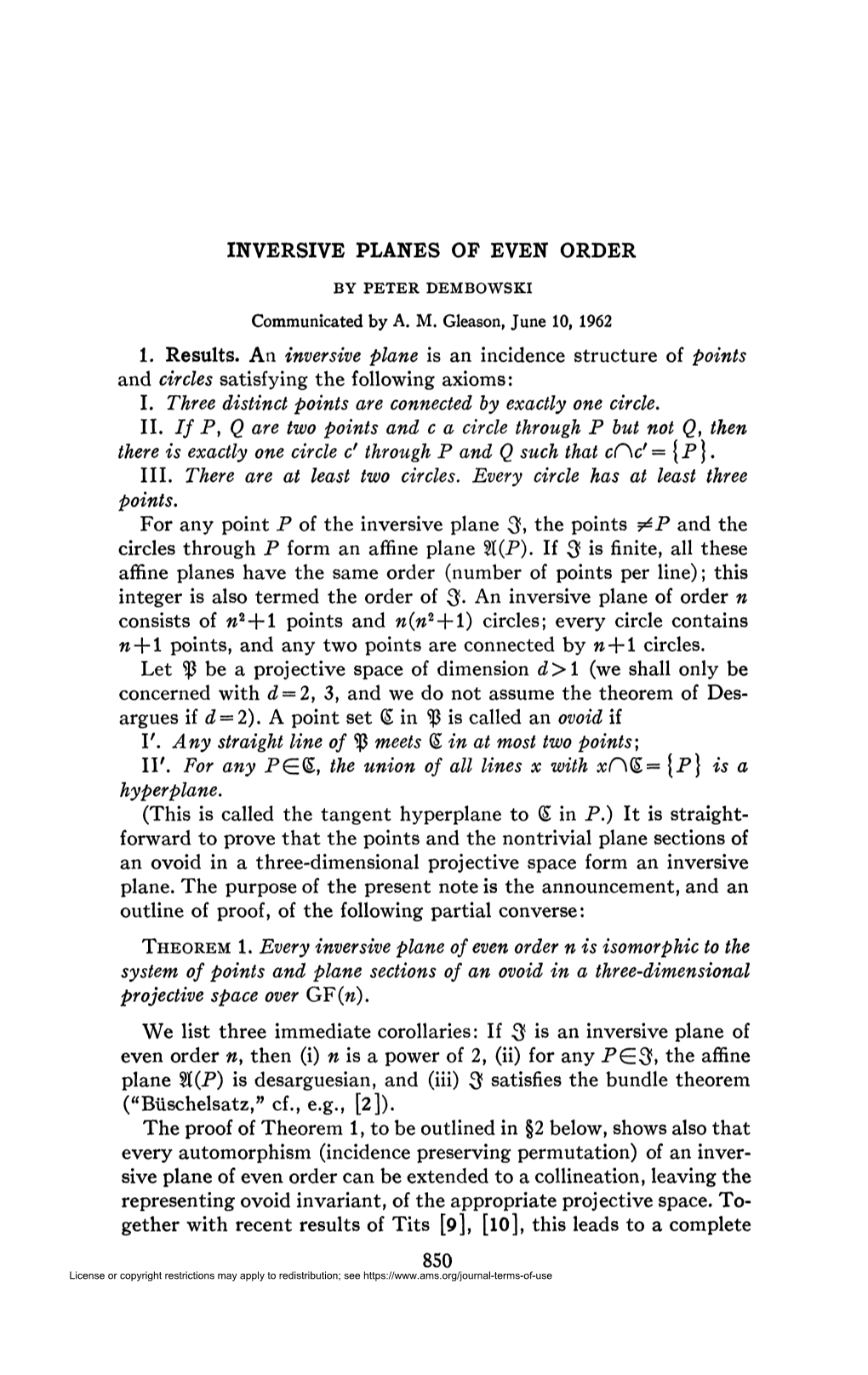 INVERSIVE PLANES of EVEN ORDER 1. Results. an Inversive