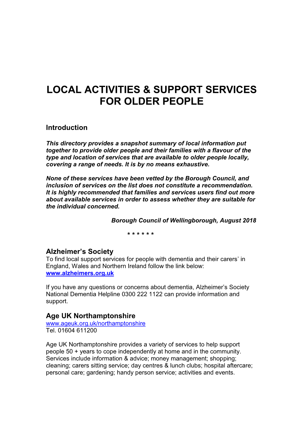 Local Activities & Support Services for Older People