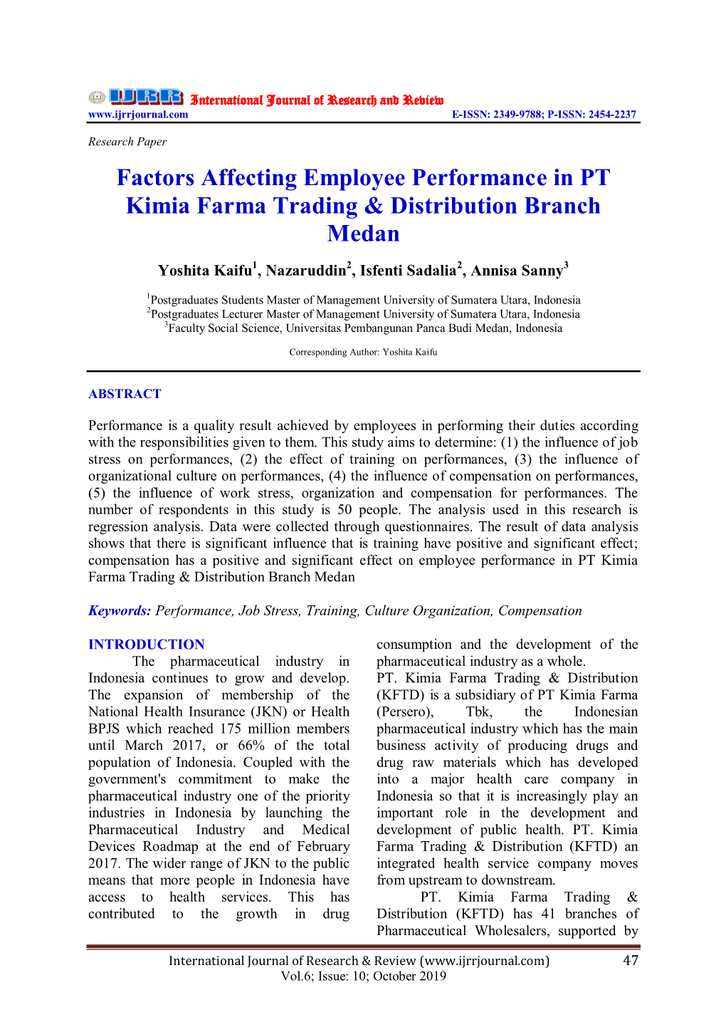 Factors Affecting Employee Performance in PT Kimia Farma Trading & Distribution Branch Medan