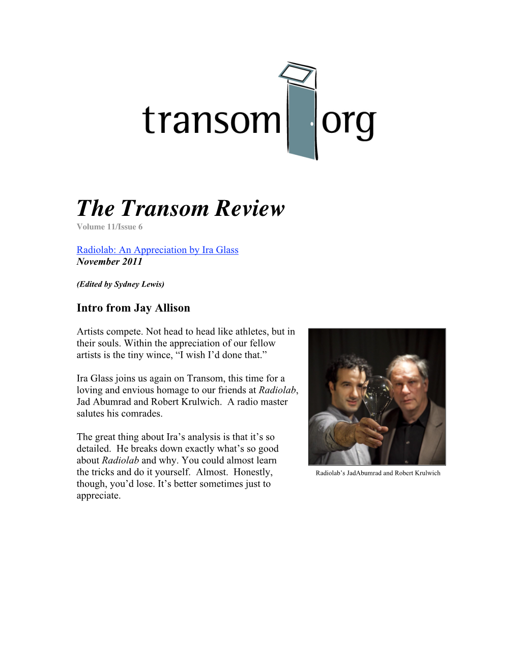 The Transom Review Volume 11/Issue 6