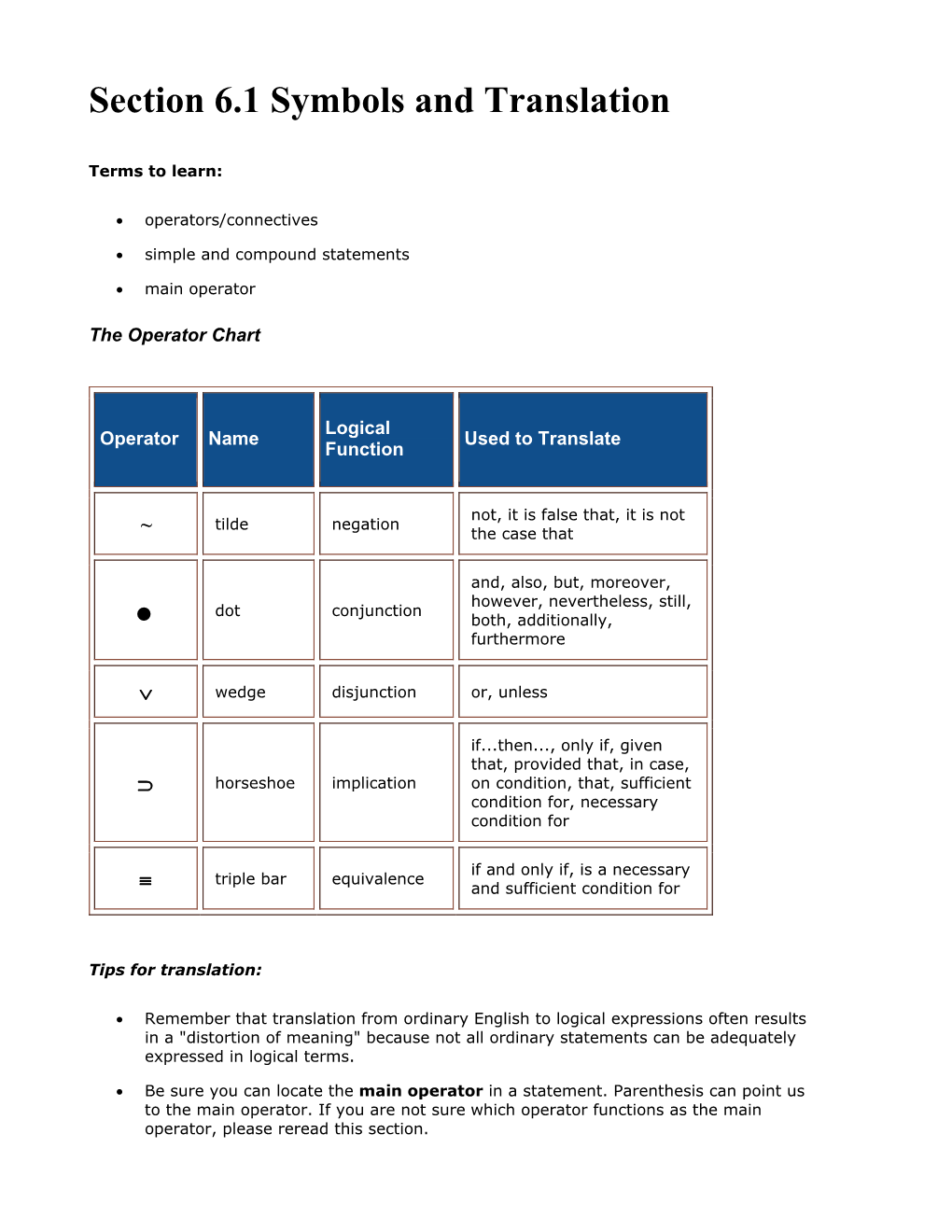 Section 6.1 Symbols and Translation •