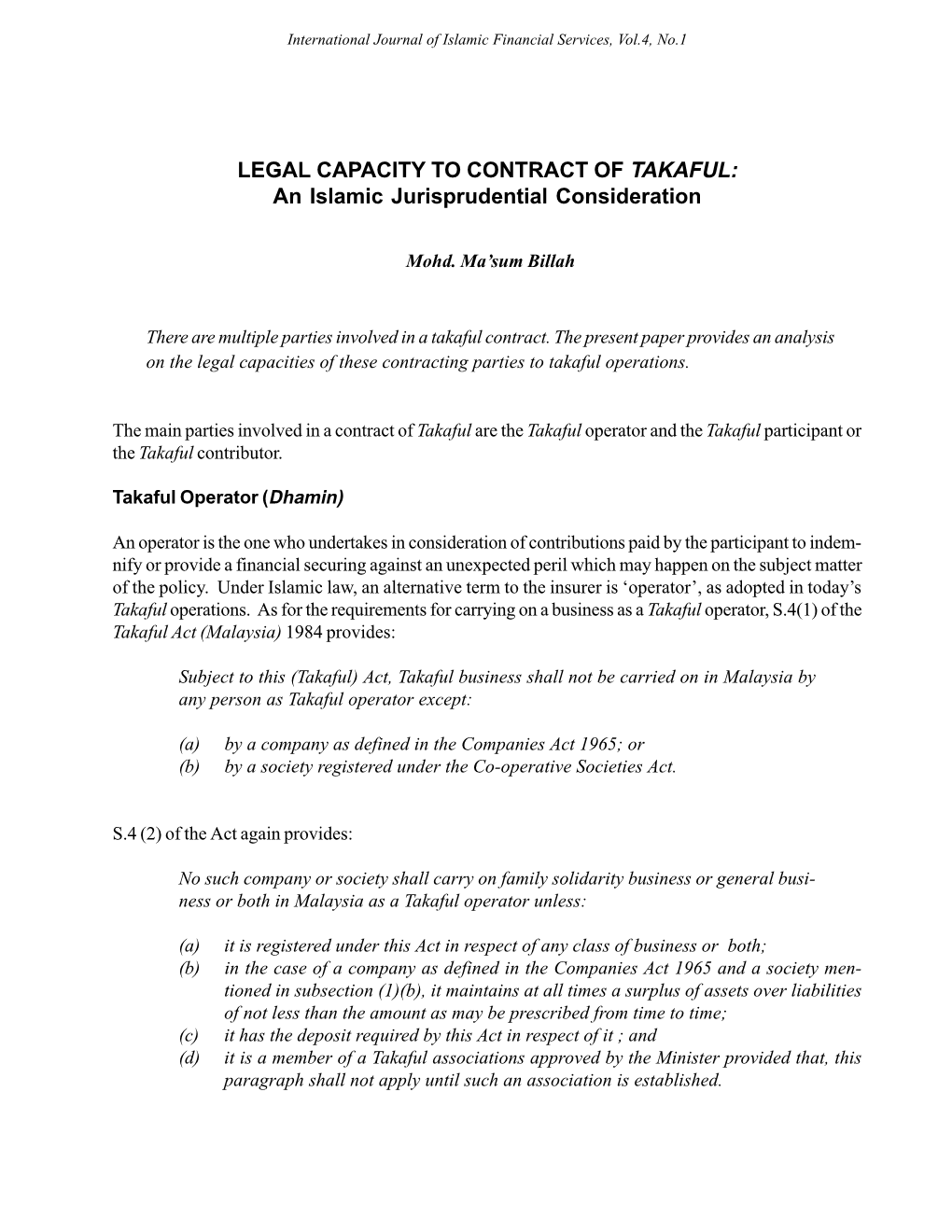 LEGAL CAPACITY to CONTRACT of TAKAFUL: an Islamic Jurisprudential Consideration