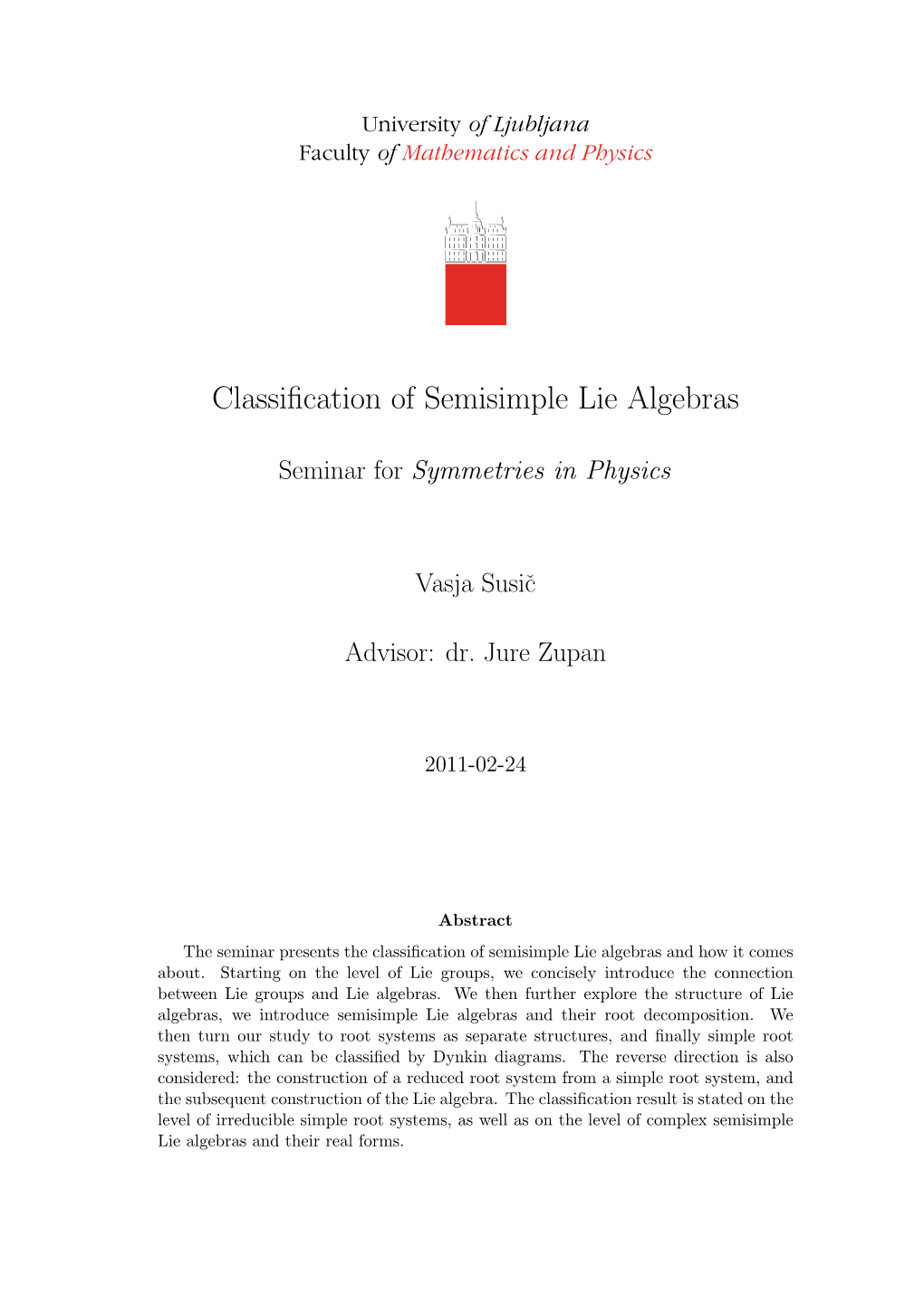 Classification of Semisimple Lie Algebras