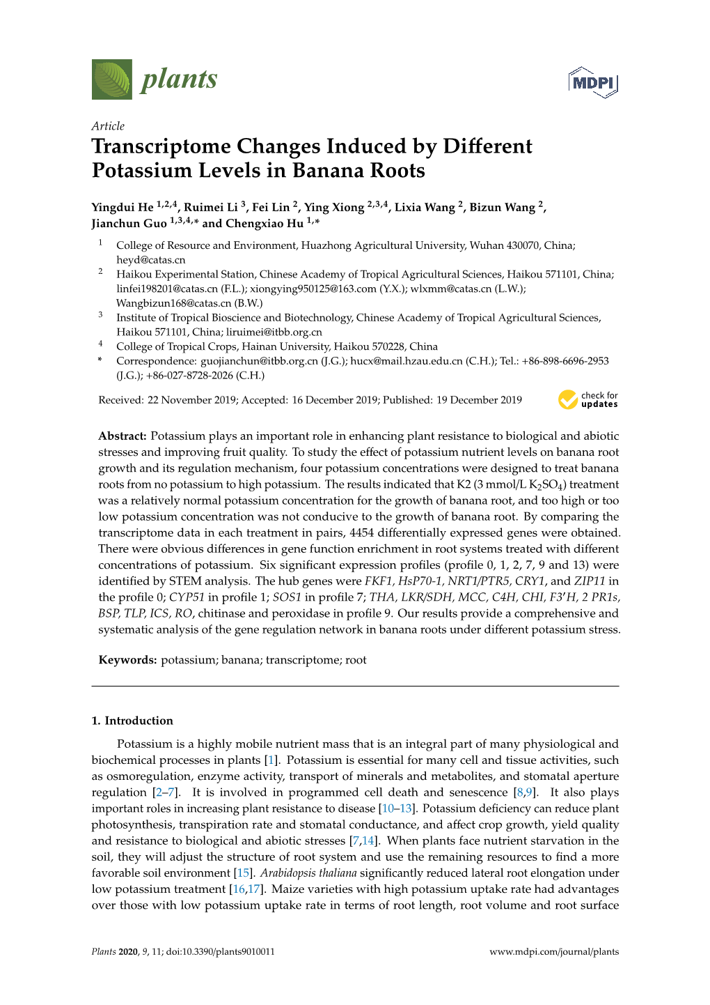 Transcriptome Changes Induced by Different Potassium Levels In