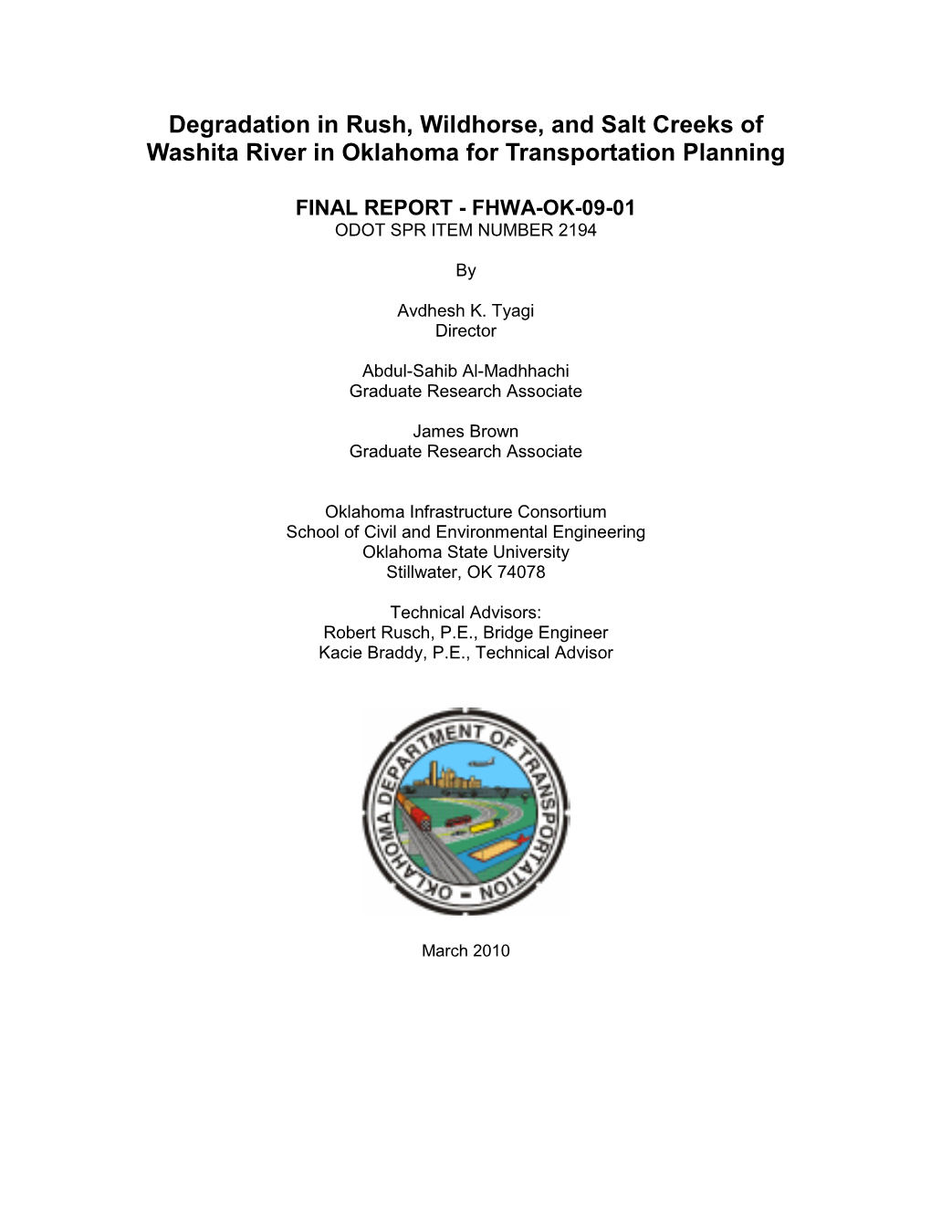 Degradation in Rush, Wildhorse, and Salt Creeks of Washita River in Oklahoma for Transportation Planning