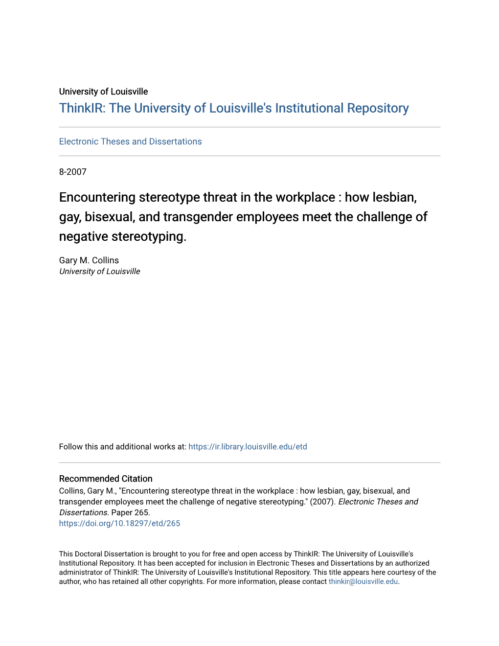 Encountering Stereotype Threat in the Workplace : How Lesbian, Gay, Bisexual, and Transgender Employees Meet the Challenge of Negative Stereotyping