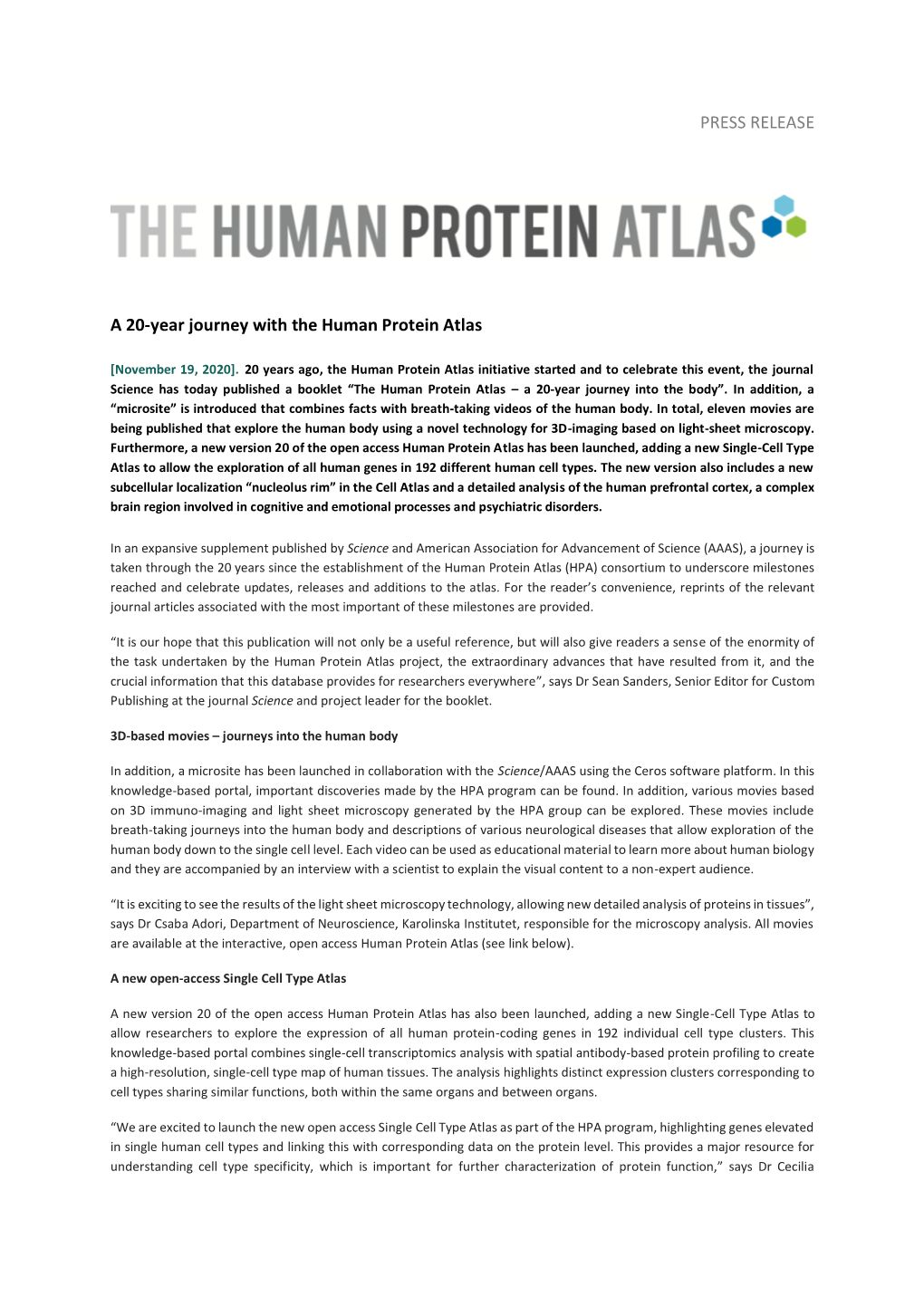 PRESS RELEASE a 20-Year Journey with the Human Protein Atlas