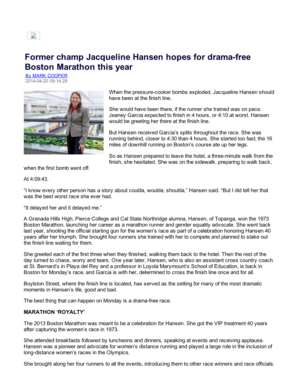 Former Champ Jacqueline Hansen Hopes for Dramafree Boston