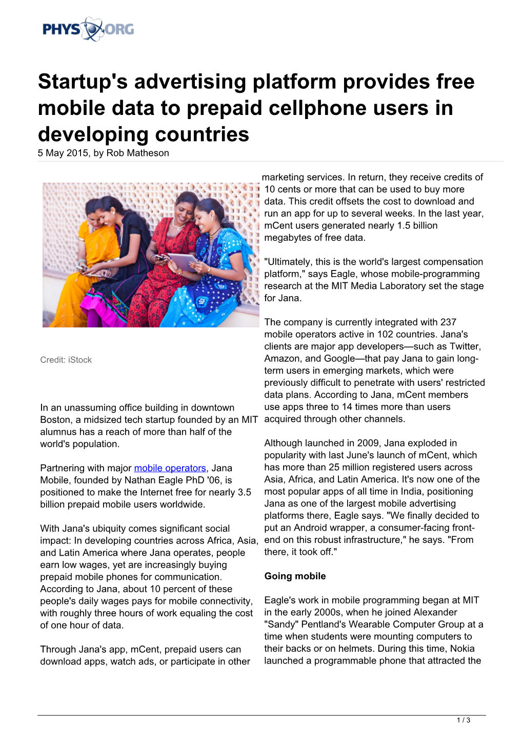 Startup's Advertising Platform Provides Free Mobile Data to Prepaid Cellphone Users in Developing Countries 5 May 2015, by Rob Matheson