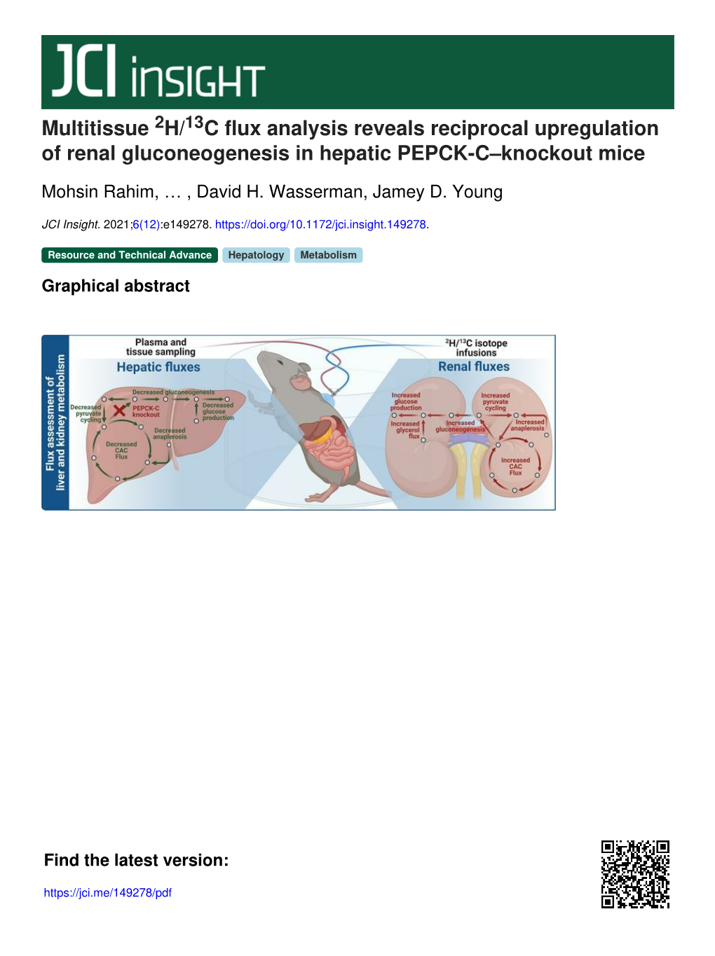 C Flux Analysis Reveals Reciprocal Upregulation of Renal Gluconeogenesis in Hepatic PEPCK-C–Knockout Mice