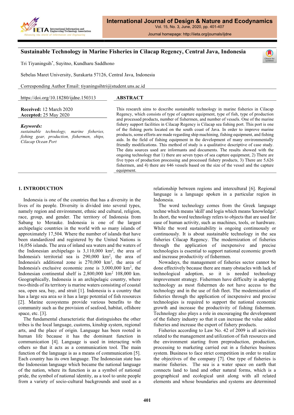 Sustainable Technology in Marine Fisheries in Cilacap Regency, Central Java, Indonesia