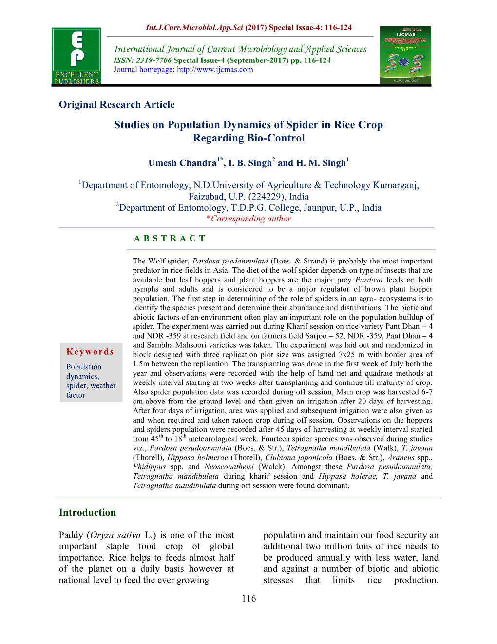 Studies on Population Dynamics of Spider in Rice Crop Regarding Bio-Control