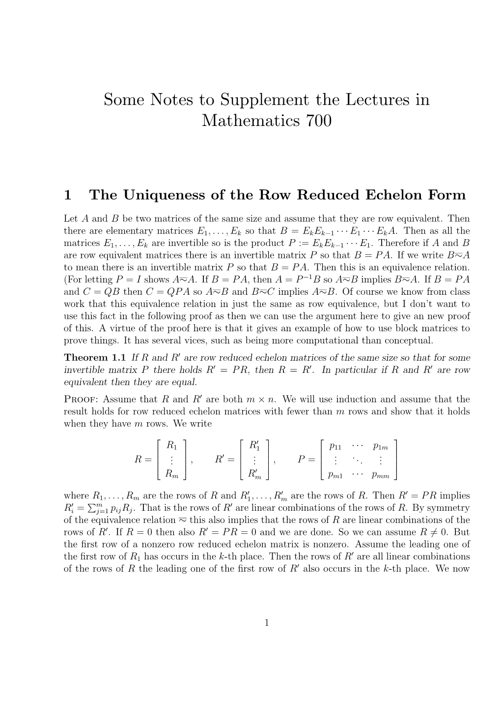 Some Notes to Supplement the Lectures in Mathematics 700