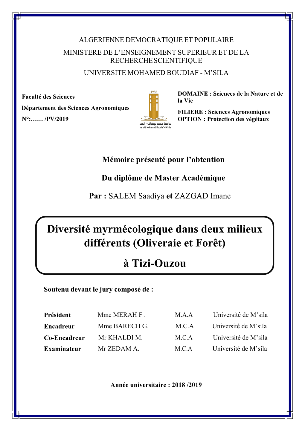 Diversité Myrmécologique Dans Deux Milieux Différents (Oliveraie Et Forêt)