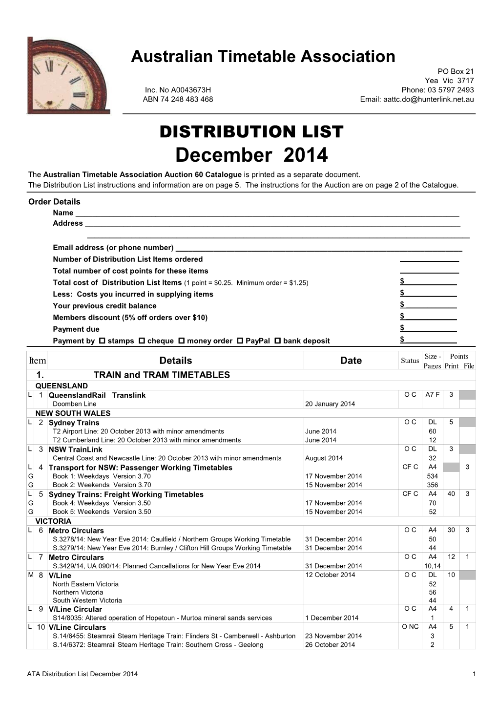 December 2014 the Australian Timetable Association Auction 60 Catalogue Is Printed As a Separate Document