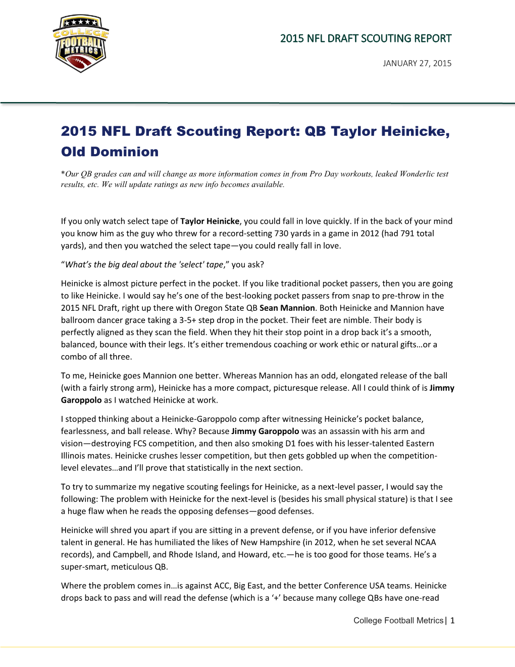 2015 NFL Draft Scouting Report: QB Taylor Heinicke, Old Dominion