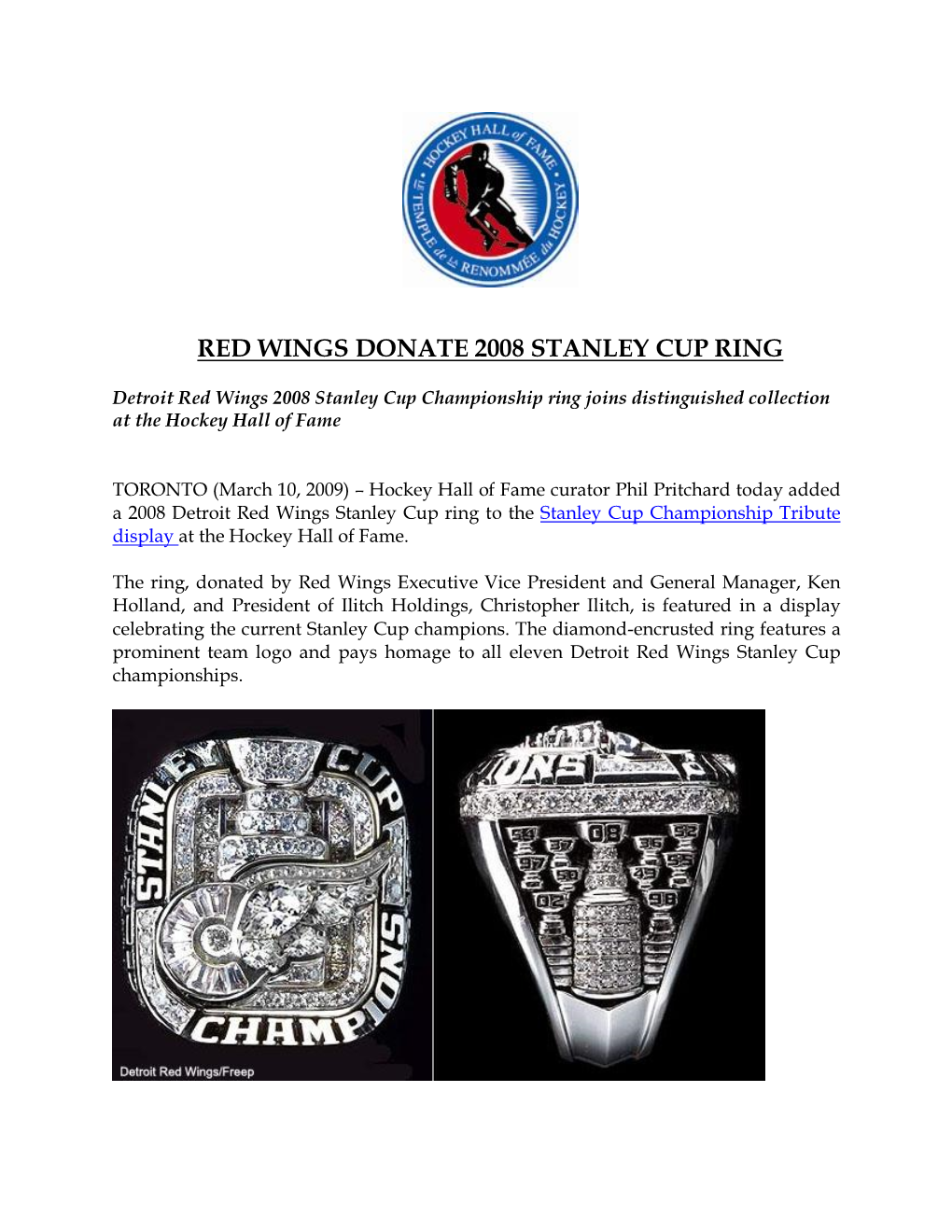 Red Wings Donate 2008 Stanley Cup Ring