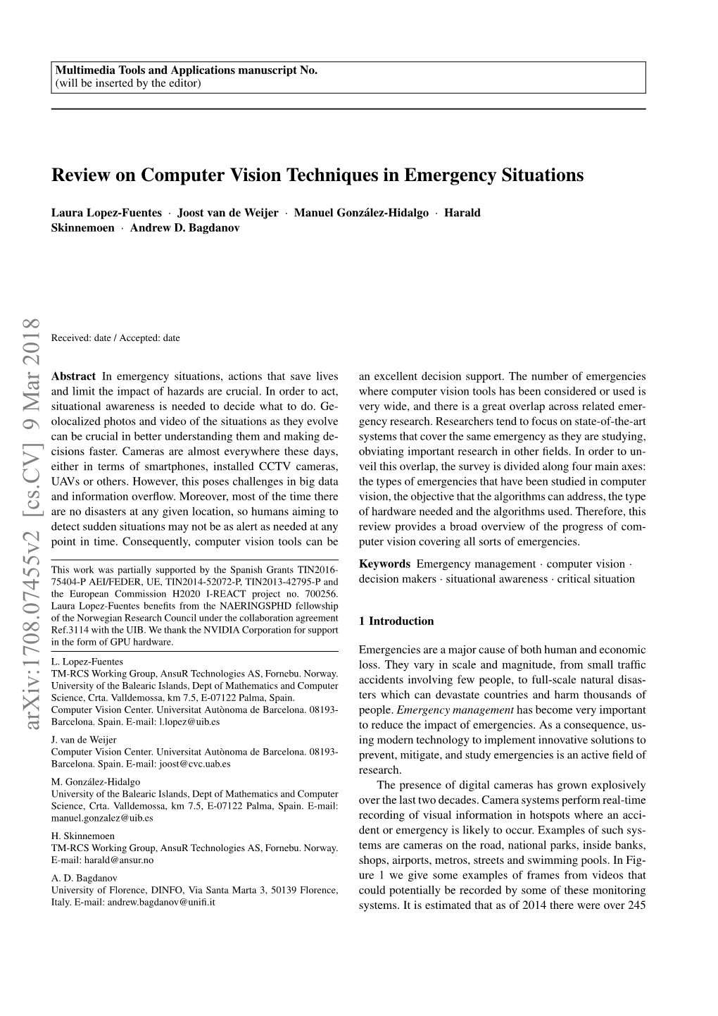 Review on Computer Vision Techniques in Emergency Situations