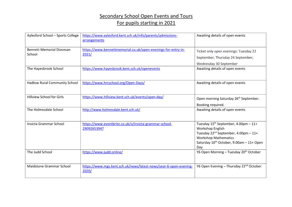 Secondary School Open Events and Virtual Tours Autumn 2020