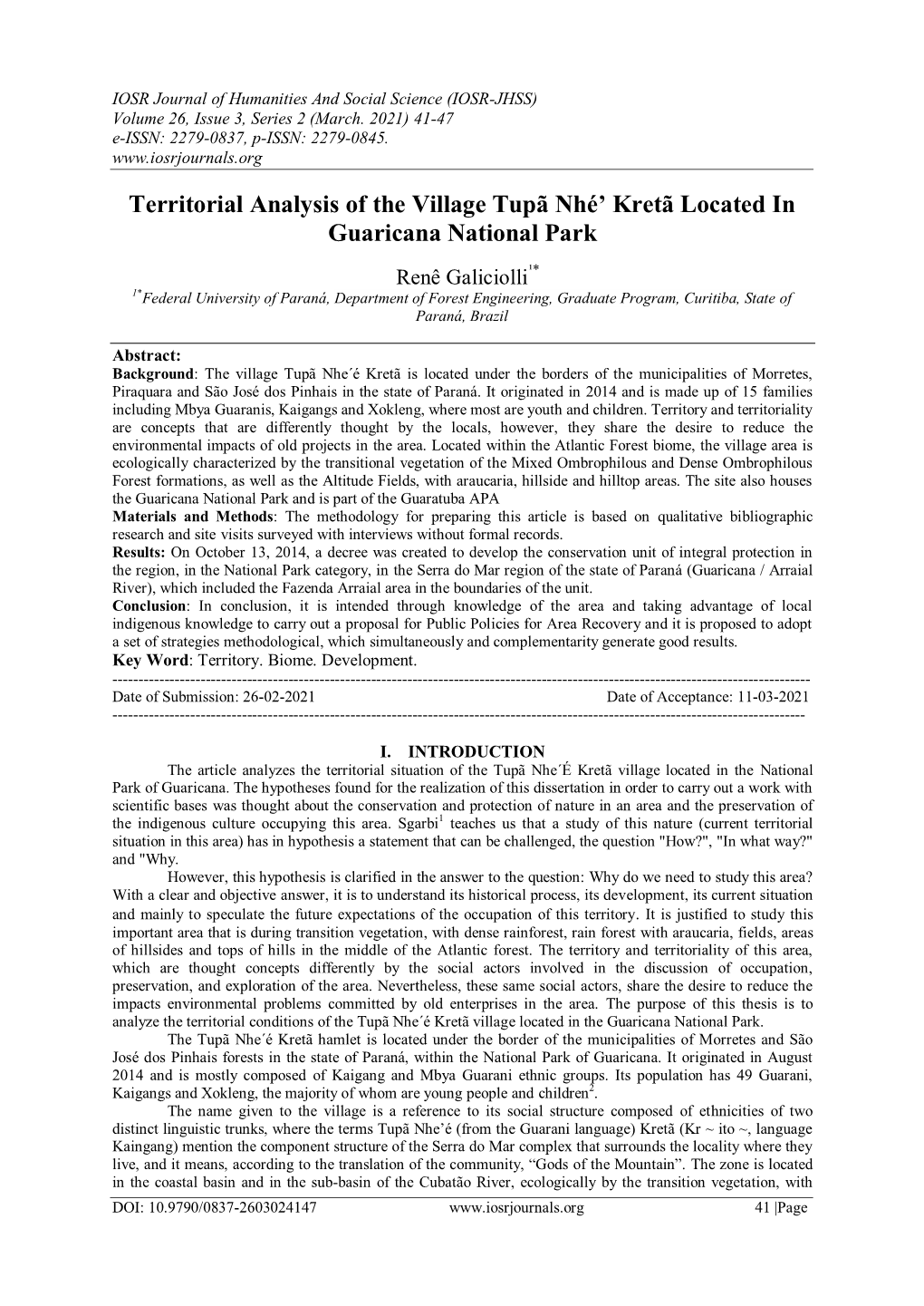 Territorial Analysis of the Village Tupã Nhé' Kretã Located in Guaricana