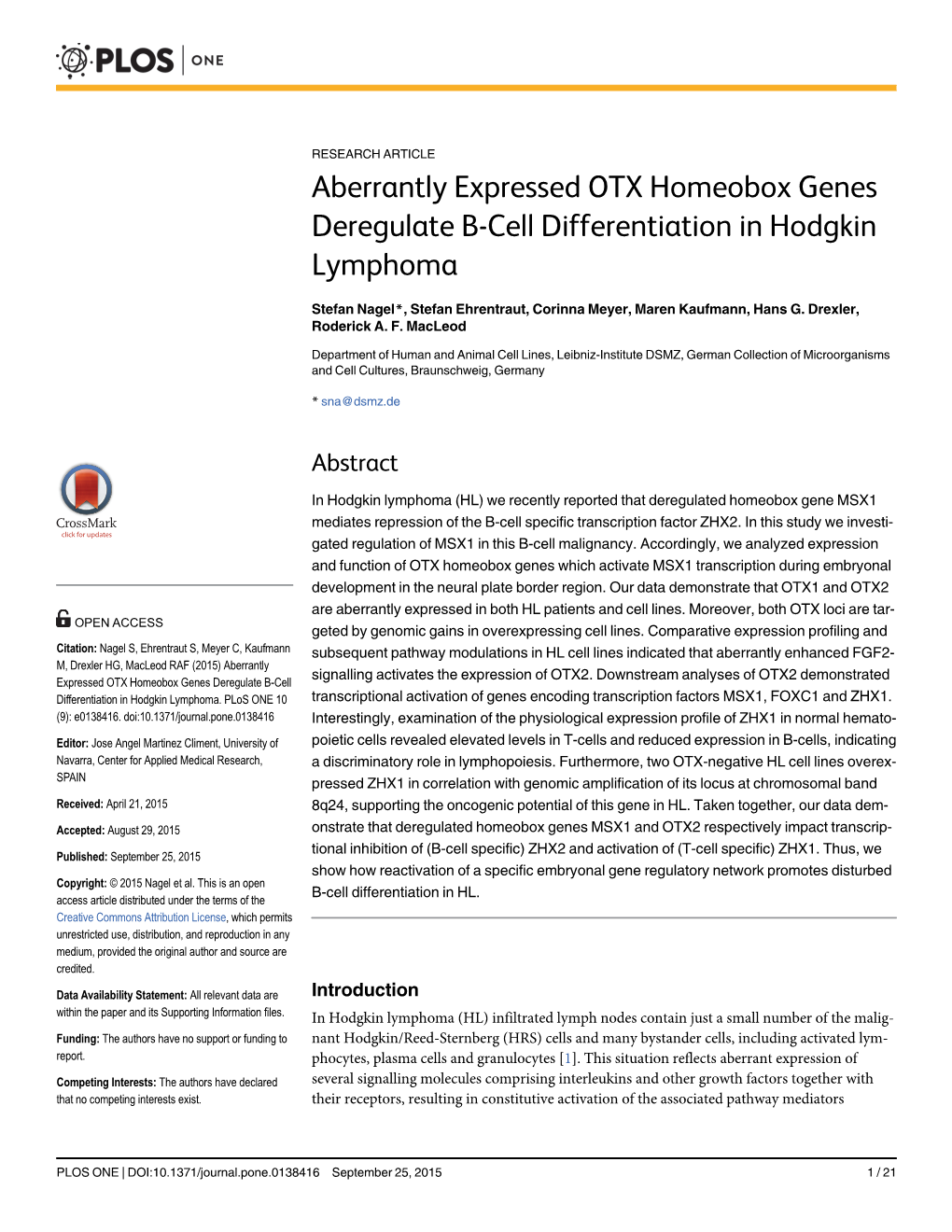 Aberrantly Expressed OTX Homeobox Genes Deregulate B-Cell Differentiation in Hodgkin Lymphoma