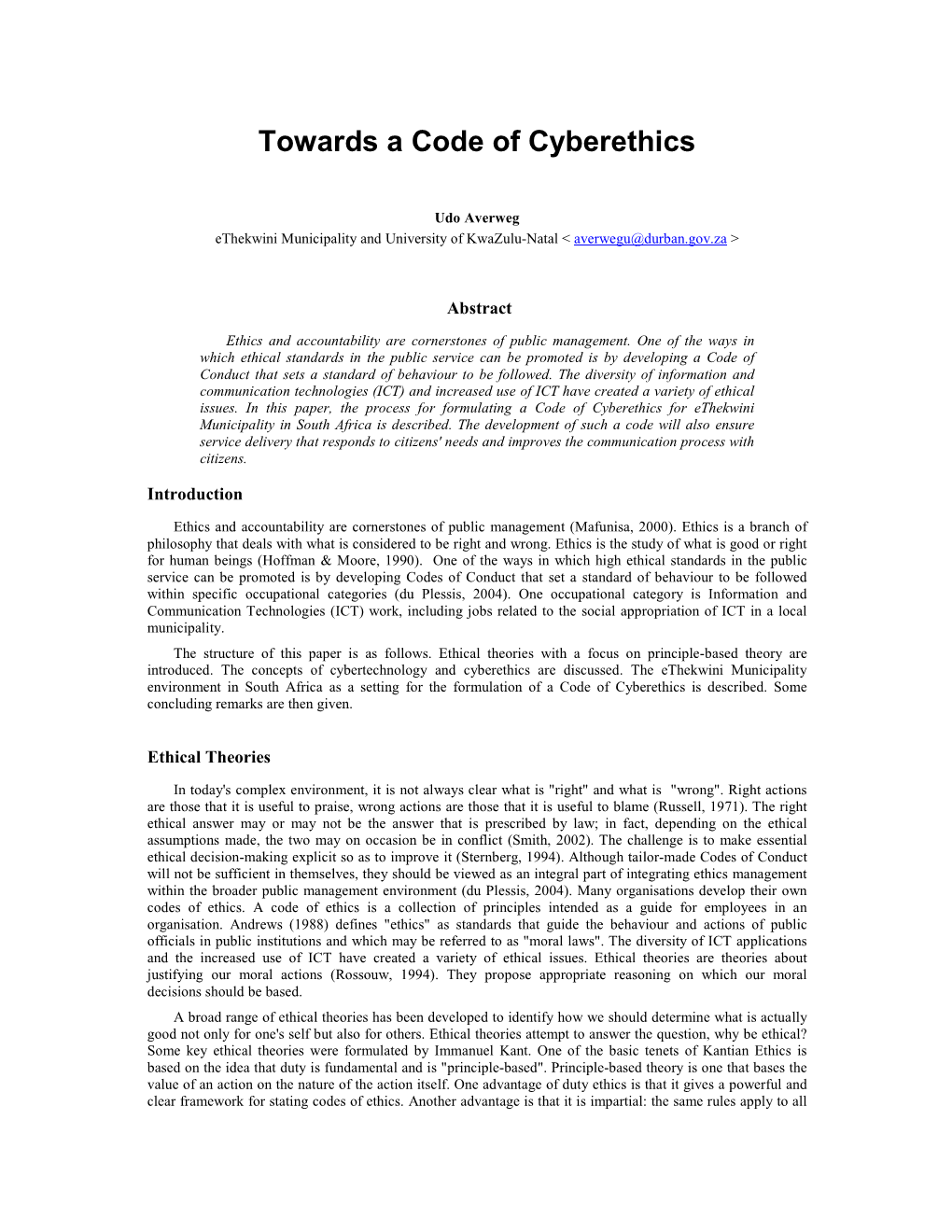 Towards a Code of Cyberethics