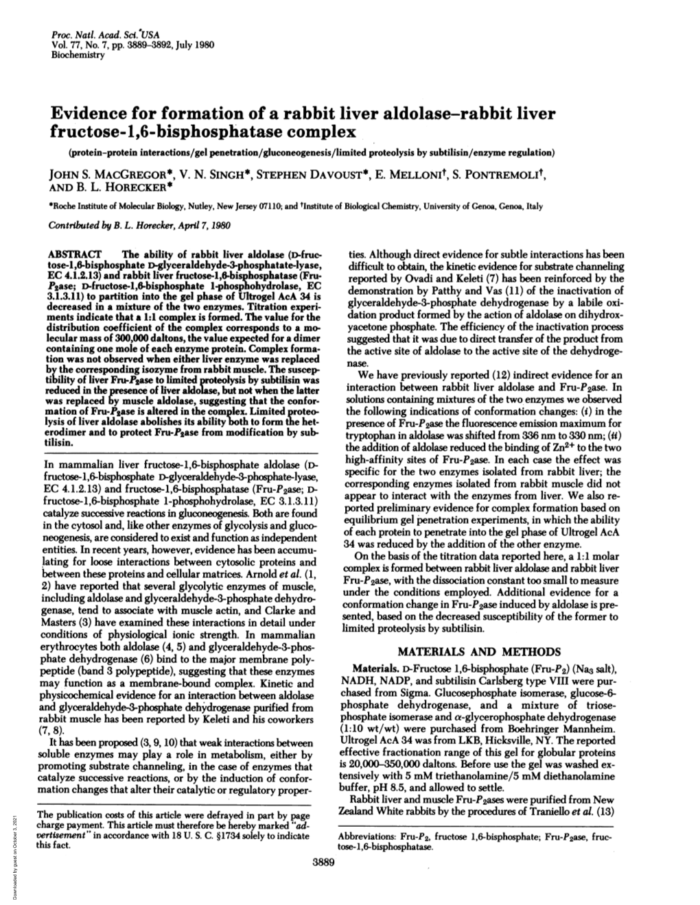 Evidence for Formation of a Rabbit Liver Aldolase-Rabbit Liver Fructose-1,6
