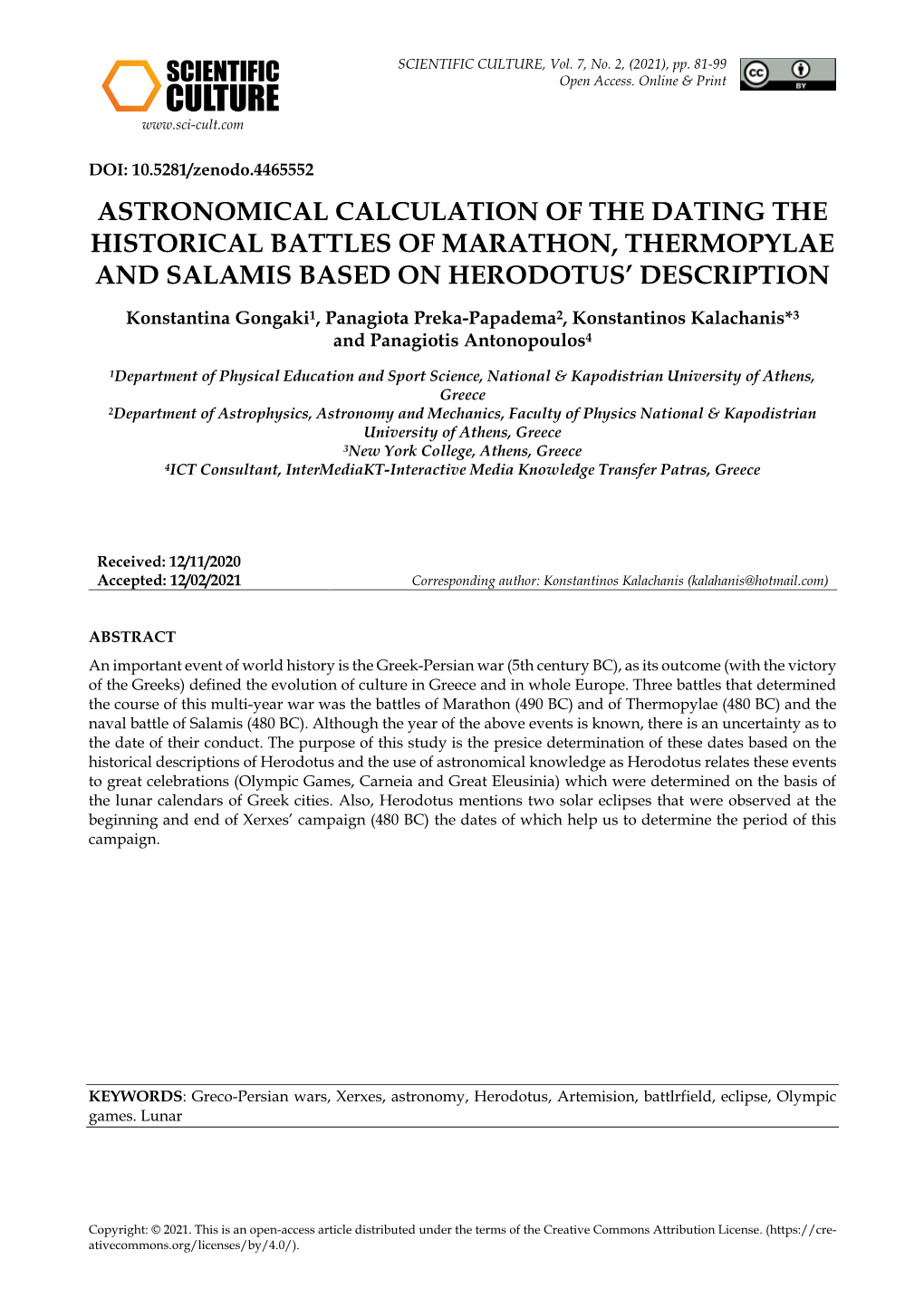 Astronomical Calculation of the Dating the Historical Battles of Marathon, Thermopylae and Salamis Based on Herodotus’ Description