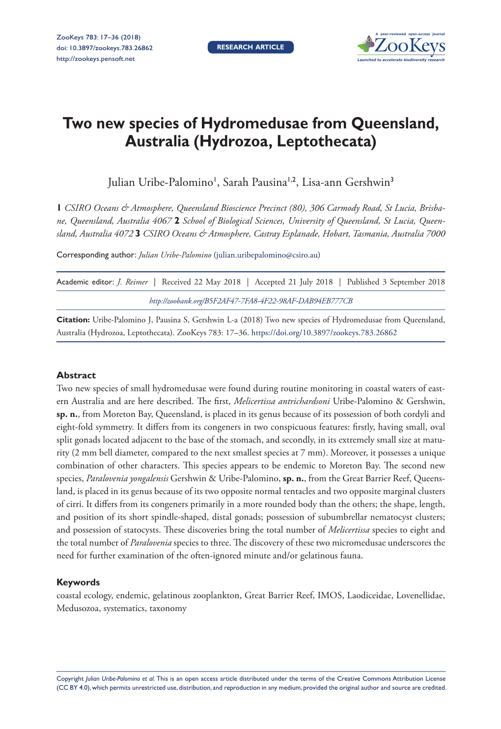 Hydrozoa, Leptothecata) 17 Doi: 10.3897/Zookeys.783.26862 RESEARCH ARTICLE Launched to Accelerate Biodiversity Research